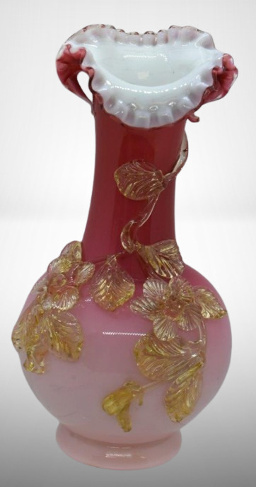 Harrach Bohemian cranberry Art Glass 8" vase w/ applied amber roses and leaves