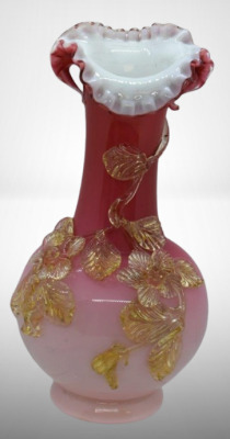 Harrach Bohemian cranberry Art Glass 8" vase w/ applied amber roses and leaves