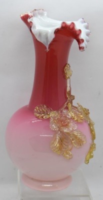 Harrach Bohemian cranberry Art Glass 8" vase w/ applied amber roses and leaves - 2