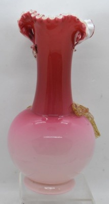 Harrach Bohemian cranberry Art Glass 8" vase w/ applied amber roses and leaves - 3