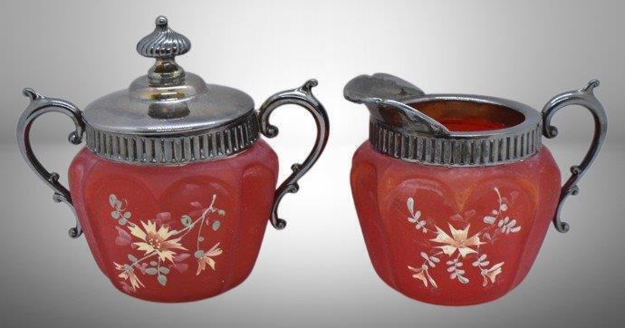 Victorian satin piegon blood creamer and sugar w/ enameled floral design