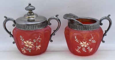 Victorian satin piegon blood creamer and sugar w/ enameled floral design - 2