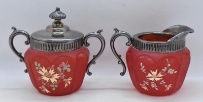 Victorian satin piegon blood creamer and sugar w/ enameled floral design - 4