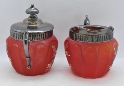 Victorian satin piegon blood creamer and sugar w/ enameled floral design - 5