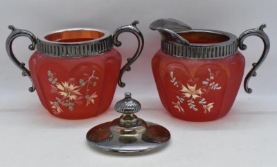 Victorian satin piegon blood creamer and sugar w/ enameled floral design - 6