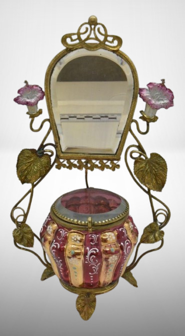 Victorian Vanity whimsey 10" ormolu stand w/ beveled mirror