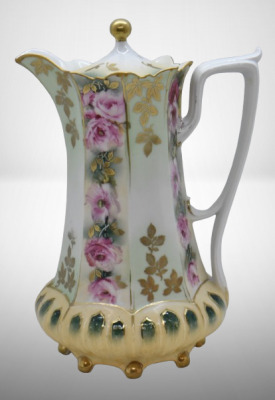 R.S. Prussia Mold 632 8"h chocolate pot, alternating panels of pink roses and gold leaf stencils, red mark