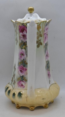 R.S. Prussia Mold 632 8"h chocolate pot, alternating panels of pink roses and gold leaf stencils, red mark - 2