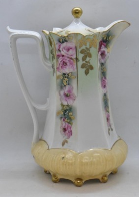 R.S. Prussia Mold 632 8"h chocolate pot, alternating panels of pink roses and gold leaf stencils, red mark - 3