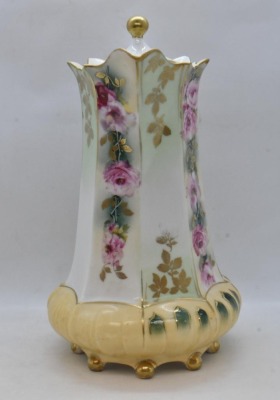 R.S. Prussia Mold 632 8"h chocolate pot, alternating panels of pink roses and gold leaf stencils, red mark - 4