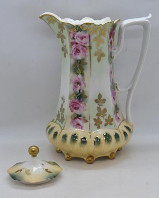 R.S. Prussia Mold 632 8"h chocolate pot, alternating panels of pink roses and gold leaf stencils, red mark - 5