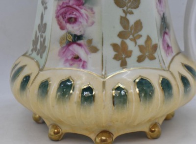 R.S. Prussia Mold 632 8"h chocolate pot, alternating panels of pink roses and gold leaf stencils, red mark - 6