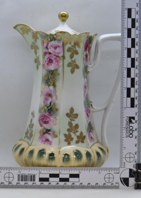 R.S. Prussia Mold 632 8"h chocolate pot, alternating panels of pink roses and gold leaf stencils, red mark - 9