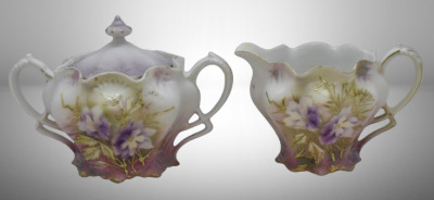 R.S. Prussia Mold 501 creamer and sugar, open blossoms/ gold tracery on leaves