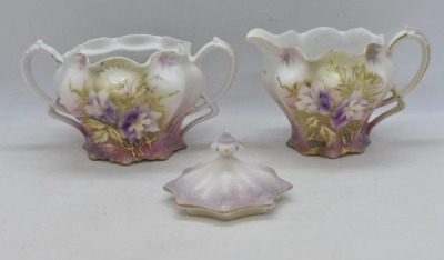 R.S. Prussia Mold 501 creamer and sugar, open blossoms/ gold tracery on leaves - 5