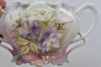 R.S. Prussia Mold 501 creamer and sugar, open blossoms/ gold tracery on leaves - 6