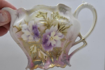 R.S. Prussia Mold 501 creamer and sugar, open blossoms/ gold tracery on leaves - 8