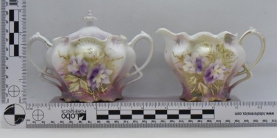 R.S. Prussia Mold 501 creamer and sugar, open blossoms/ gold tracery on leaves - 10