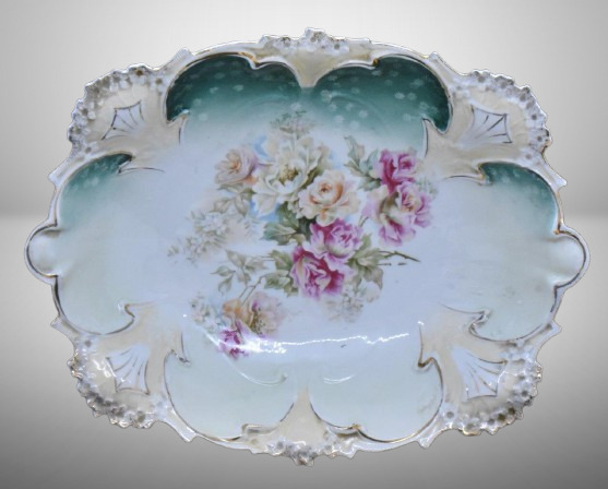 R.S. Prussia 11.5" x 9" bowl, multi-colored roses, bar mold mark