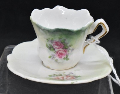 (2) Miniature handpainted porcelain cup and saucer sets, pink roses - 2