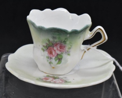 (2) Miniature handpainted porcelain cup and saucer sets, pink roses - 6