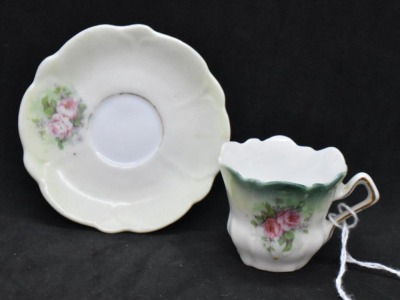 (2) Miniature handpainted porcelain cup and saucer sets, pink roses - 8