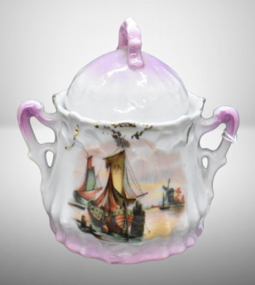 Mrkd. Made in Germany 4"h sugar bowl to child's set, Holland scene w/ sailboats