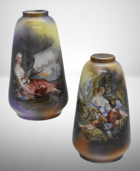 (2) Handpainted porcelain 4.5"h scenic cabinet vases incl. Diana the Huntress