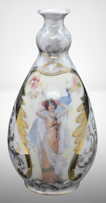 Mrkd. Prov Saxe/ ES Germany 4.5"h cabinet vase featuring Lady w/ Peacock