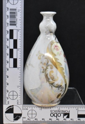 Mrkd. Prov Saxe/ ES Germany 4.5"h cabinet vase featuring Lady w/ Peacock - 4