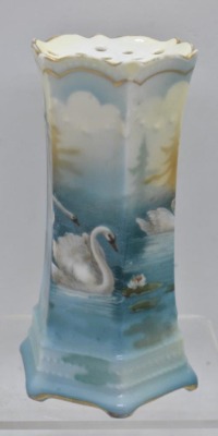 (3) Handpainted porcelain hat pin holders: 1-Swans on Lake, RSP red mark; 2-mrkd. Germany, floral - 2