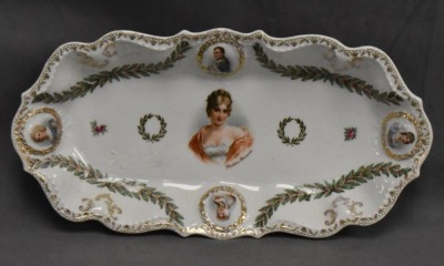 (2) Mrkd. Prov Saxe/ ES Germany pcs: Napoleon 8.5"d plate; 12"l celery tray featuring Madame Recamier and other in border medallions - 2