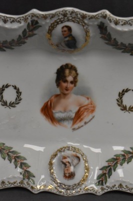 (2) Mrkd. Prov Saxe/ ES Germany pcs: Napoleon 8.5"d plate; 12"l celery tray featuring Madame Recamier and other in border medallions - 3