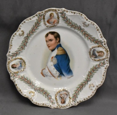 (2) Mrkd. Prov Saxe/ ES Germany pcs: Napoleon 8.5"d plate; 12"l celery tray featuring Madame Recamier and other in border medallions - 8