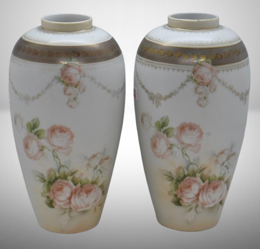 Pair of mrkd. R.S. Poland 8.5"h vases, soft pink roses on satin finish