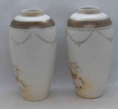 Pair of mrkd. R.S. Poland 8.5"h vases, soft pink roses on satin finish - 2