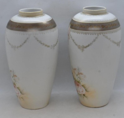 Pair of mrkd. R.S. Poland 8.5"h vases, soft pink roses on satin finish - 3