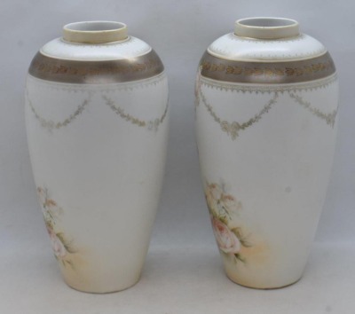 Pair of mrkd. R.S. Poland 8.5"h vases, soft pink roses on satin finish - 4