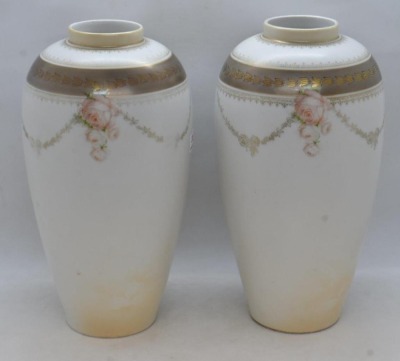 Pair of mrkd. R.S. Poland 8.5"h vases, soft pink roses on satin finish - 5