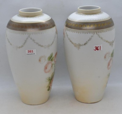 Pair of mrkd. R.S. Poland 8.5"h vases, soft pink roses on satin finish - 6