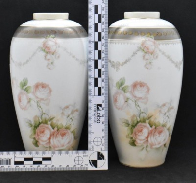 Pair of mrkd. R.S. Poland 8.5"h vases, soft pink roses on satin finish - 10