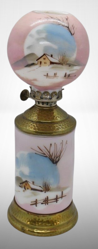 Shaded pink milk glass 8.5" miniature oil lamp with HP winter farm scene