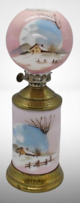 Shaded pink milk glass 8.5" miniature oil lamp with HP winter farm scene