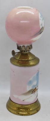 Shaded pink milk glass 8.5" miniature oil lamp with HP winter farm scene - 2