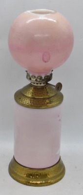 Shaded pink milk glass 8.5" miniature oil lamp with HP winter farm scene - 3