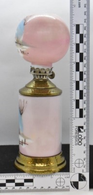 Shaded pink milk glass 8.5" miniature oil lamp with HP winter farm scene - 4