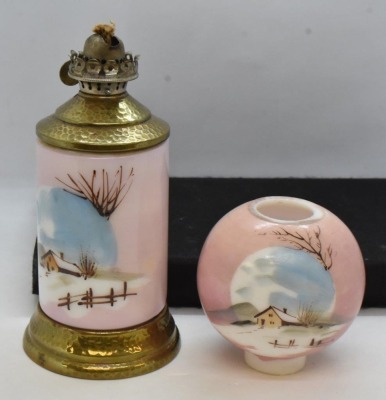 Shaded pink milk glass 8.5" miniature oil lamp with HP winter farm scene - 5