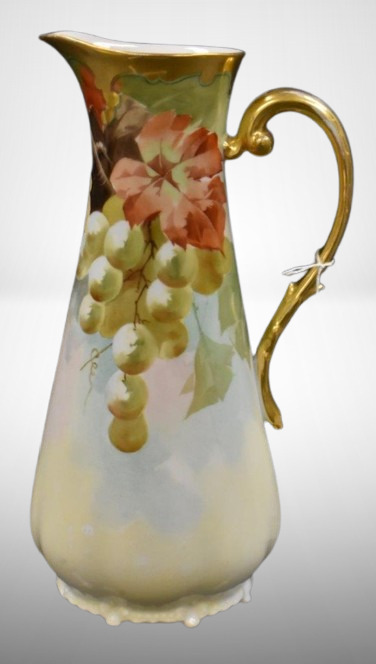 Mrkd. Limoges France 10.5"h pitcher w/ handpainted grapes and foliage