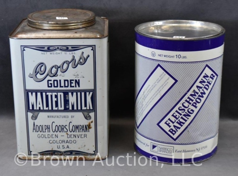 (2) 10 lbs. tins: Coors Golden Malted Milk; Fleischmann Baking Powder