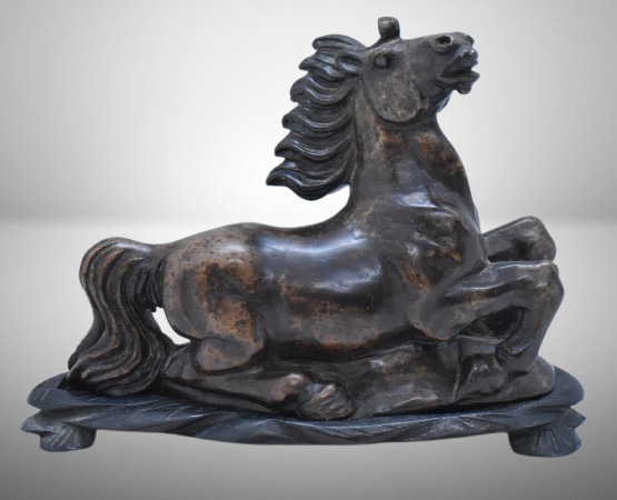 Chinese carved hardstone soapstone horse sculpture, 6.5"l x 5"h, separate wooden base